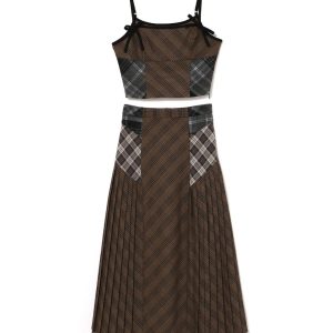 Sweet Checkered Spaghetti Strap Patchwork Skirt Set for Women - Early Spring 2025 Fashion, Y2K Inspired