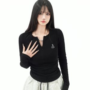 Sweet Cool Hot Girl Style Ruffled Short Sleeve T-Shirt for Women with Half Zipper, Spring Summer Slim Fit Basic Top