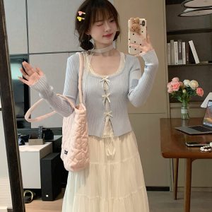 Sweet End Spring Fake Two-Piece Bow Detail Blue Knitted T-Shirt for Women - Unique Sexy Gentle Style