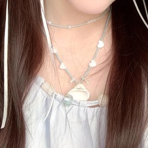Sweet Heart Necklace with Pearl Shell Pendant - High Fashion Choker for Young Girls, Cool Vacation Vibe Clavicle Chain Accessory