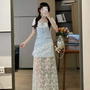 Sweet Momo Spring Heavyweight Mesh Camisole Dress with Fake Two-Piece Design - Niche Quality Gentle Top for 90s and Y2K Style