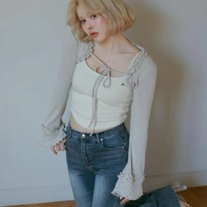 Sweet Pink Ruffled Knit Camisole Two-Piece Set - 25th Anniversary Spring/Summer Collection, Perfect for Y2K and Casual Spring Style