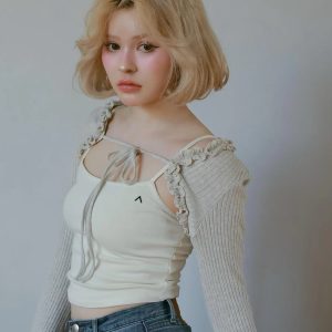 Sweet Pink Ruffled Knit Camisole Two-Piece Set - 25th Anniversary Spring/Summer Collection, Perfect for Y2K and Casual Spring Style