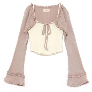 Sweet Pink Ruffled Knit Camisole Two-Piece Set - 25th Anniversary Spring/Summer Collection, Trendy Y2K Style