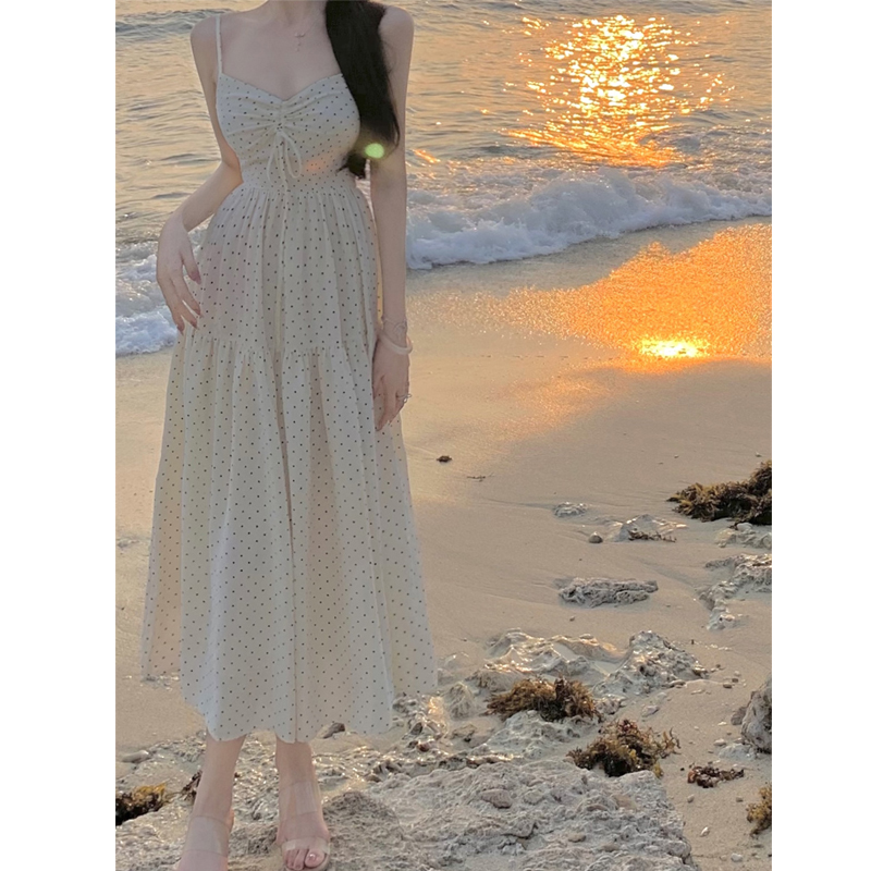 Sweet Polka Dot Spaghetti Strap Dress for Women - Summer Long Dress with Gentle Slimming Fit and Romantic French Style