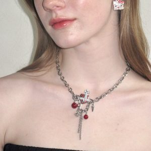 Sweet Red Saturn Necklace for Women - Versatile Colorfast Clavicle Chain Pendant, INS Style Fashion Accessory