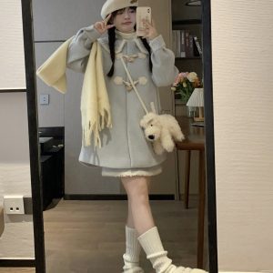 Sweet Spring Korean Style Girl's Blue Cape Coat and Short Set - Thick Woolen Outerwear for Women
