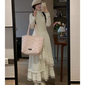 Sweet Spring Lace Knitted Long Sleeve Dress with Waist-Cinching Design, Slimming Patchwork Cake Skirt for Women