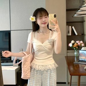 Sweet Spring Summer Short Sleeve Fake Two-Piece T-Shirt Top for Women - Sexy Unique Design, Perfect for Hot Girl Style