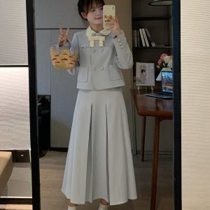 Sweet Spring Two-Color Oversized Blazer & Long Skirt Set | Trendy Women's Fashion Jacket | Stylish Milk Flavor Blue Look