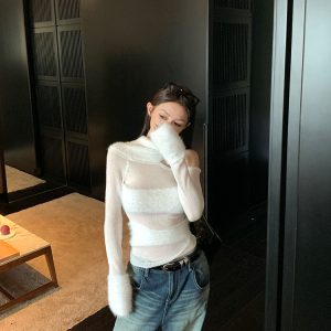 Sweetheart Off-Shoulder Sheer Spliced Knit Top for Women - Chic Layering Piece, Perfect for Casual and Y2K Style Outfits