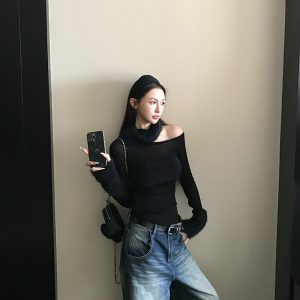 Sweetheart Off-Shoulder Sheer Spliced Knit Top for Women - Chic Layering Piece, Perfect for Casual and Y2K Style Outfits