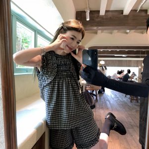 Sweetheart Rococo Sleeveless Top with Ear Edge & Plaid Shorts Set - Cute 90s Inspired Fashion Ensemble