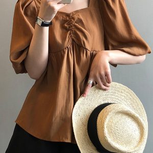 Tencel Puff Sleeve Short Sleeve Shirt for Women, Loose Doll Top in Korean Style, Summer Fashion, Small Batch Clearance