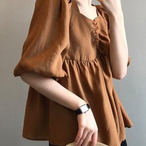 Tencel Puff Sleeve Short Sleeve Shirt for Women, Loose Doll Top in Korean Style, Summer Fashion, Small Batch Clearance