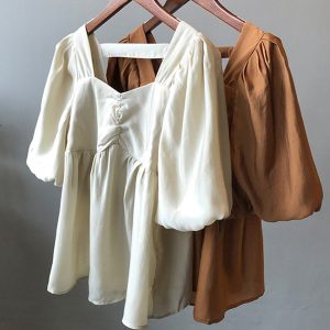 Tencel Puff Sleeve Short Sleeve Shirt for Women, Loose Doll Top in Korean Style, Summer Fashion, Small Batch Clearance
