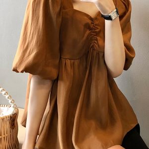 Tencel Puff Sleeve Short Sleeve Shirt for Women, Loose Doll Top in Korean Style, Summer Fashion, Small Batch Clearance