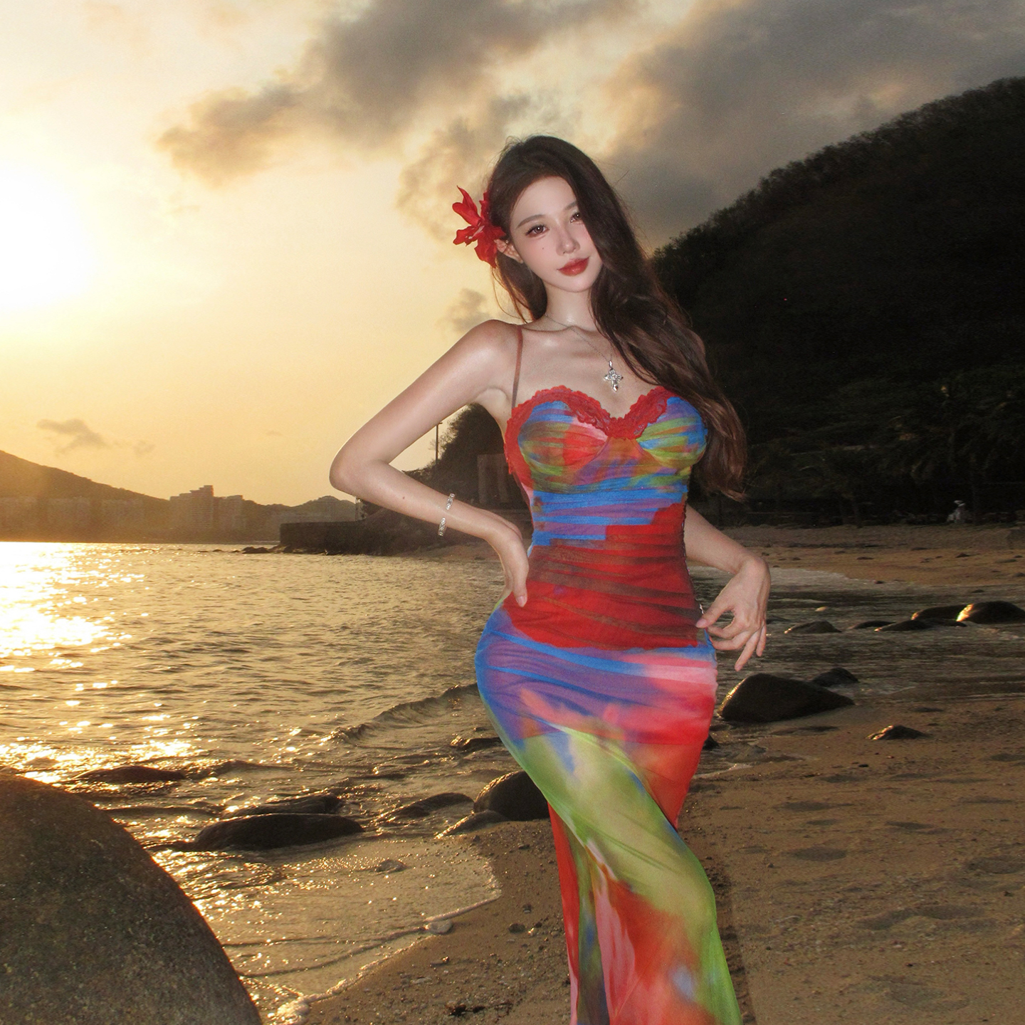 Thai-Style Multi-Pattern Long Skirt Summer Transparent Mesh Bodycon Dress for Women - Beach Vacation Fashion