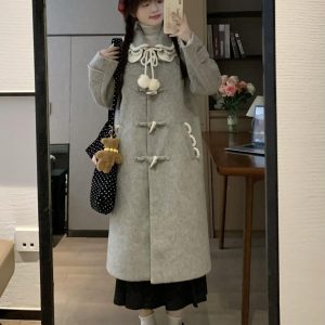 Thick Mid-Length Gray Woolen Coat with Lace Collar - Versatile Women's Outerwear for Early Spring Fashion