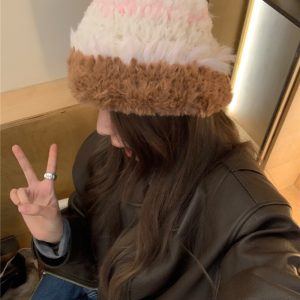 Thick Plush Knitted Hat for Women - Color Matching, Ear Protection, Small Face Effect, Perfect for Autumn and Winter Fashion