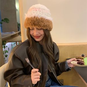 Thick Plush Knitted Hat for Women - Color Matching, Ear Protection, Small Face Effect, Perfect for Autumn and Winter Fashion