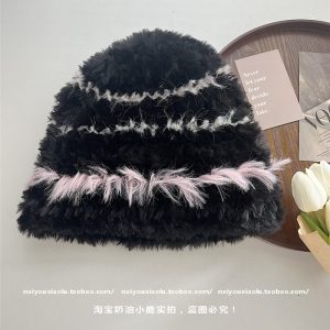 Thick Plush Knitted Hat for Women - Color Matching, Ear Protection, Small Face Effect, Perfect for Autumn and Winter Fashion