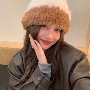 Thick Plush Knitted Hat for Women - Color Matching, Ear Protection, Small Face Effect, Perfect for Autumn and Winter Fashion