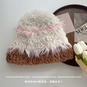 Thick Plush Knitted Hat for Women - Color Matching, Ear Protection, Small Face Effect, Perfect for Autumn and Winter Fashion