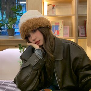 Thick Plush Knitted Hat for Women - Color Matching, Ear Protection, Small Face Effect, Perfect for Autumn and Winter Fashion