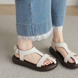 Thick-Soled Flat Roman Sandals for Women - Versatile T-Strap Summer Beach Shoes with Cushion Comfort