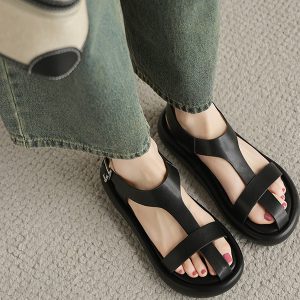 Thick-Soled Flat Roman Sandals for Women - Versatile T-Strap Summer Beach Shoes with Cushion Comfort