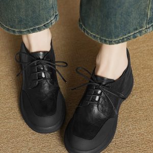 Thick-Soled Genuine Leather Lace-Up Loafers for Women - British Style Chunky Heel Height-Increasing Wedge Shoes