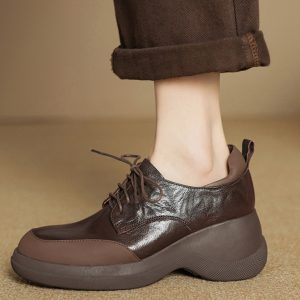 Thick-Soled Genuine Leather Lace-Up Loafers for Women - British Style Chunky Heel Height-Increasing Wedge Shoes