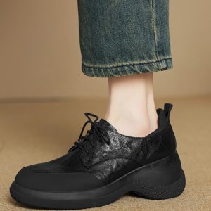 Thick-Soled Genuine Leather Lace-Up Loafers for Women - British Style Chunky Heel Height-Increasing Wedge Shoes