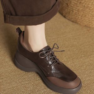 Thick-Soled Genuine Leather Lace-Up Loafers for Women - British Style Chunky Heel Height-Increasing Wedge Shoes