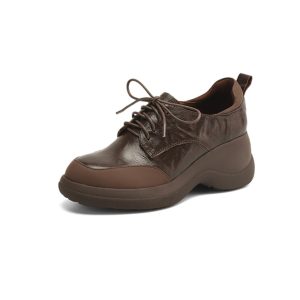 Thick-Soled Genuine Leather Lace-Up Loafers for Women - British Style Chunky Heel Height-Increasing Wedge Shoes