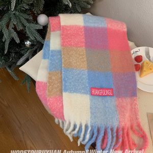 Thickened Blue and Pink Plaid Scarf for Autumn and Winter - Versatile Warm Neck Scarf for 2023 Fashion Trends