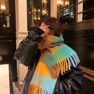 Thickened Blue and Pink Plaid Scarf for Autumn and Winter - Versatile Warm Neck Scarf for 2023 Fashion Trends