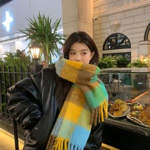Thickened Blue and Pink Plaid Scarf for Autumn and Winter - Versatile Warm Neck Scarf for 2023 Fashion Trends