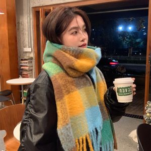 Thickened Blue and Pink Plaid Scarf for Autumn and Winter - Versatile Warm Neck Scarf for 2023 Fashion Trends