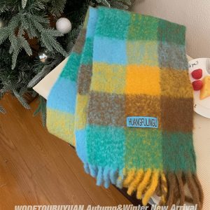 Thickened Blue and Pink Plaid Scarf for Autumn and Winter - Versatile Warm Neck Scarf for 2023 Fashion Trends