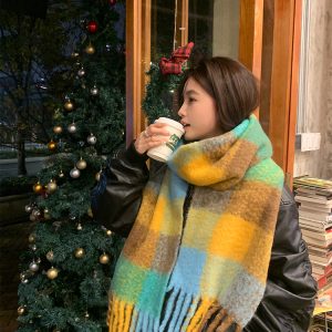 Thickened Blue and Pink Plaid Scarf for Autumn and Winter - Versatile Warm Neck Scarf for 2023 Fashion Trends