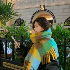 Thickened Blue and Pink Plaid Scarf for Autumn and Winter - Versatile Warm Neck Scarf for 2023 Fashion Trends
