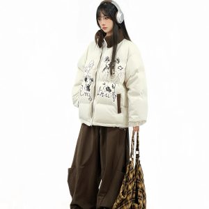 Thickened Cotton Coat for Women with Lamb Wool Collar, Spliced Design, Graffiti Print, Loose Fit, American Style Winter Jacket
