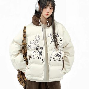 Thickened Cotton Coat for Women with Lamb Wool Collar, Spliced Design, Graffiti Print, Loose Fit, American Style Winter Jacket