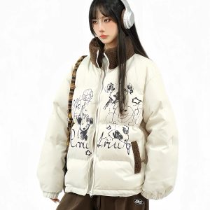 Thickened Cotton Coat for Women with Lamb Wool Collar, Spliced Design, Graffiti Print, Loose Fit, American Style Winter Jacket