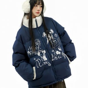 Thickened Cotton Coat for Women with Lamb Wool Collar, Spliced Design, Graffiti Print, Loose Fit, American Style Winter Jacket
