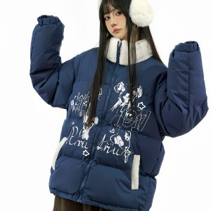 Thickened Cotton Coat for Women with Lamb Wool Collar, Spliced Design, Graffiti Print, Loose Fit, American Style Winter Jacket