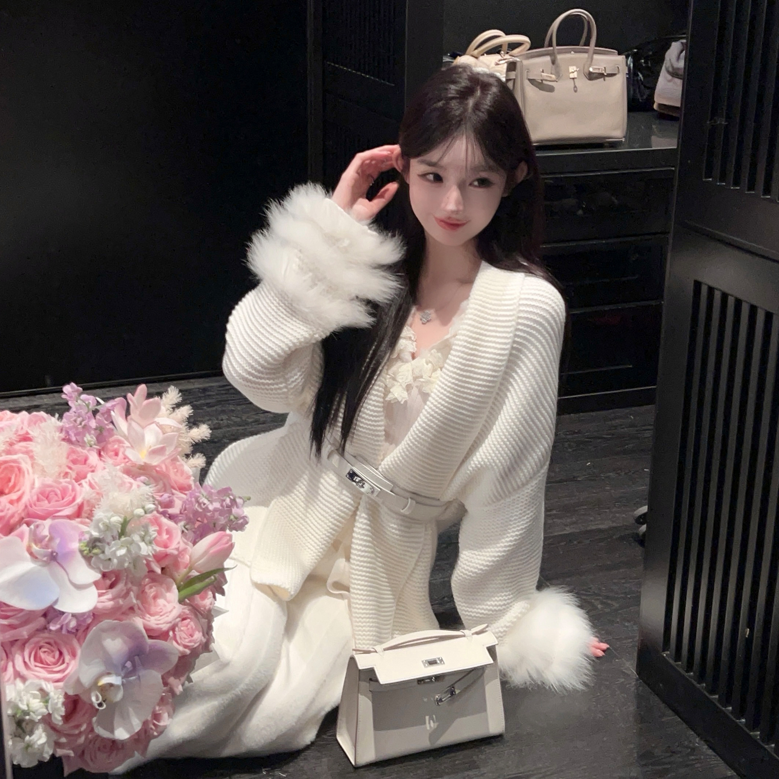 Thickened Knitted Cardigan for Women with Fox Fur Collar and Belt - Cozy Winter Layering Essential