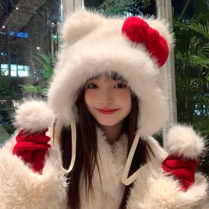 Thickened Warm Lei Feng Hat with Red Bow | Cute Plush Cap for Winter Fashion
